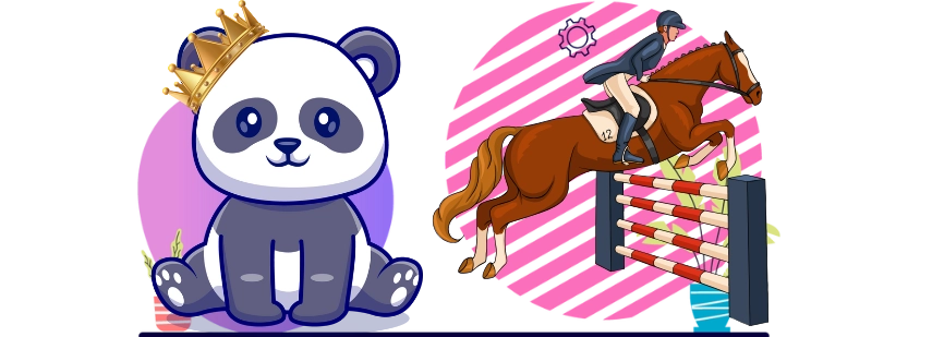 Ein niedlicher Panda mit einer Krone sitzt neben einem Bild, auf dem ein Pferd und sein Reiter zu sehen sind, die elegant ein Hindernis überspringen.