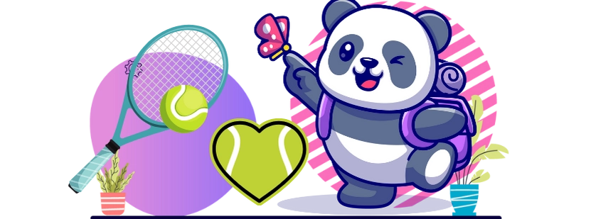 <p>Ein Panda mit Rucksack und einem Schmetterling auf dem Finger steht neben einem Tennisschläger, ein Symbol für Tenniswetten.</p>