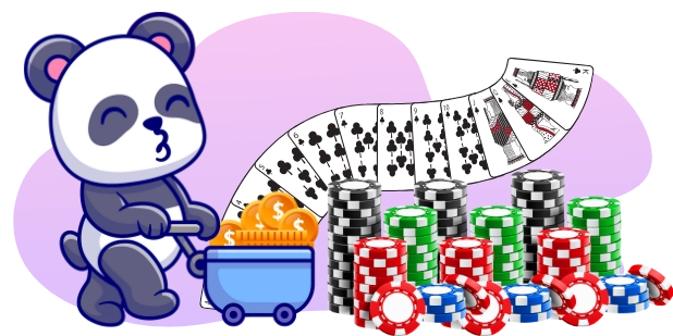 <p>Ein Panda schiebt einen Wagen voller Münzen, im Hintergrund sind Spielkarten und Casino-Chips, ein Zeichen für klassische Tischspiele.</p>