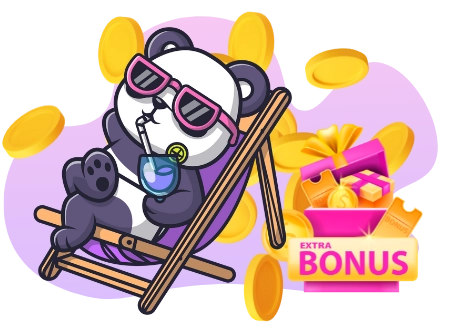 <p>Ein entspannter Panda mit Sonnenbrille sitzt auf einem Strandstuhl, mit Getränk, Münzen und Geschenkkarte mit Aufschrift „EXTRA BONUS“ als Symbol für besondere Angebote der Wettenanbieter.</p>