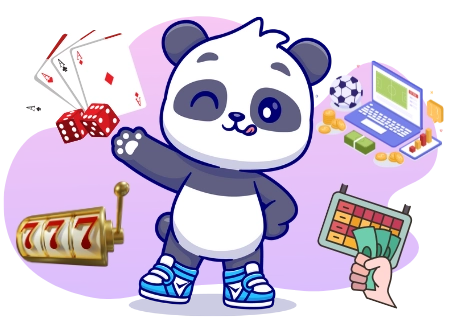 <p>Eine lustige Panda-Figur steht vor verschiedenen Glücksspielsymbolen wie Karten, Würfeln, Spielautomaten und einem Fußball, die das breite Angebot an Spielen repräsentieren.</p>