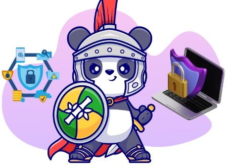 <p>Eine Cartoon-Panda-Figur mit römischem Helm, Schwert und Schild steht vor einem Laptop mit Sicherheitssymbol, umgeben von datenschutzrelevanten Symbolen als Ausdruck des Sicherheitsstandards.</p>