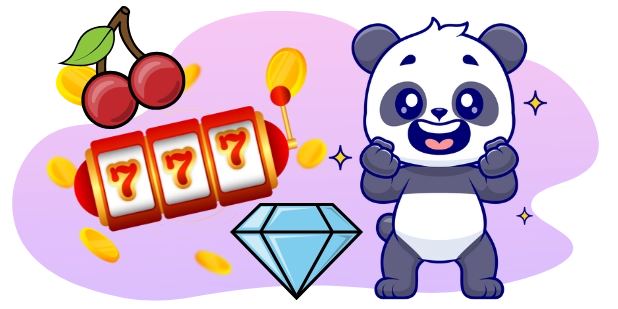 <p>Ein feiernder Panda vor einem Spielautomaten, der dreimal die Zahl Sieben zeigt, umgeben von Kirschen, Münzen und einem Diamanten, symbolisiert beliebte Spielautomaten.</p>