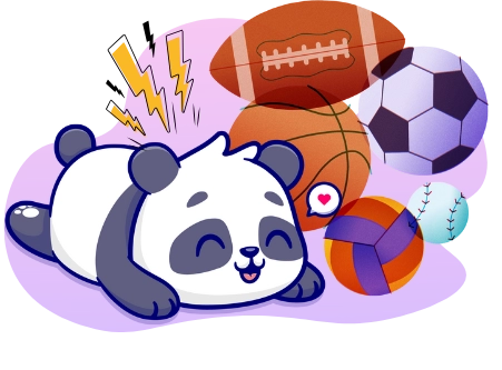 <p>Ein Panda auf dem Rücken umgeben von verschiedenen Sportbällen symbolisiert die Vielfalt an Sportarten, die für Wetten angeboten werden.</p>