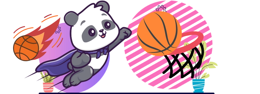 <p>Ein Panda mit Umhang wirft einen Basketball in einen Korb, während ein weiterer Ball heranfliegt, repräsentiert Basketballwetten.</p>