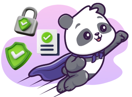 Ein animierter Panda, der durch die Lüfte fliegt, umgeben von Symbolen der Sicherheit wie Vorhängeschlösser und Schilde.