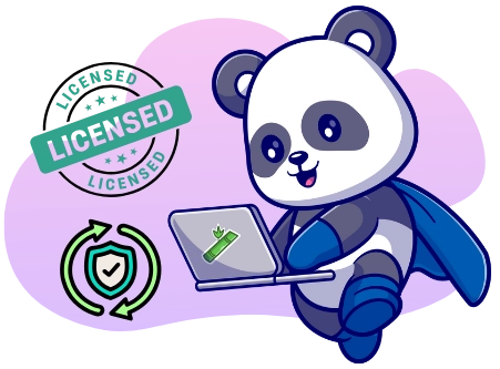 Ein entzückender Panda trägt ein Cape, nutzt einen Laptop mit einem Bambus-Symbol, begleitet von einem