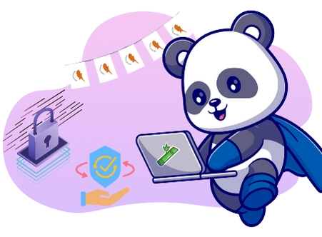 Ein Cartoon-Panda, der einen Laptop mit Bambusblattsymbol hält, steht neben Symbolen wie einem Vorhängeschloss, einer zugelassenen Plakette und zwei Händen im Datenaustausch, die sichere Online-Transaktionen symbolisieren.
