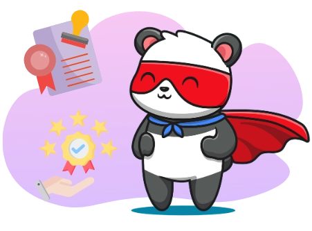 Eine comicartige Panda-Superheldenfigur mit rotem Umhang steht stolz, umgeben von einem Zertifikatsdokument, fünf Sternen und einer Medaille.