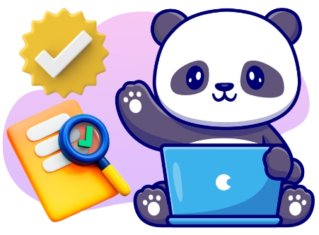 <p>Ein Cartoon-Panda sitzt an einem Laptop mit einer Checkliste und einer Lupe im Hintergrund, lächelnd zu Ihnen.</p>