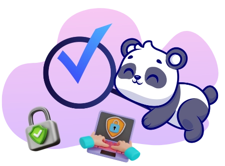 Ein lächelnder Panda-Cartoon ruht sich entspannt aus, während ein Laptop mit einem sicheren Schloss und einem Häkchen in einem Kreis auf sichere Internetaktivitäten hinweist.