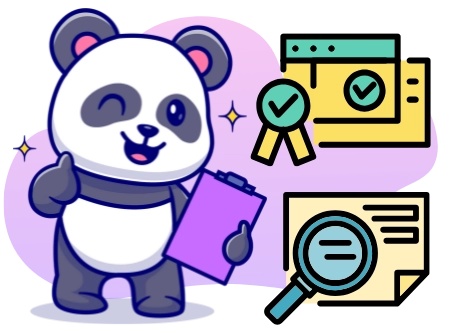 Ein Cartoon-Panda mit erhobenem Daumen und einem Clipboard als Zeichen für strenge Qualitätsprüfung.