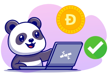Ein Panda sitzt gespannt vor einem Laptop, eine Dogecoin-Münze und ein grünes Häkchen sind zu sehen.