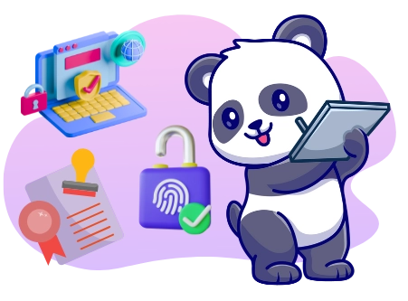 Ein fröhlicher Panda-Cartoon, der ein Tablet in der Hand hält, umgeben von verschiedenen Symbolen für Online-Sicherheit wie einem verschlossenen Laptop, einem Fingerabdruck-Scanner und einem Zertifikat.