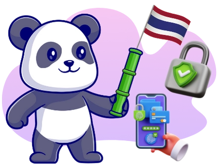 Ein Cartoon-Panda mit thailändischer Flagge und einem Bambusstock posiert neben einem Smartphone mit Fingerabdrucksensor und Vorhängeschloss, was auf sichere Online-Transaktionen und mobile Zahlungen in Thailand hindeutet.