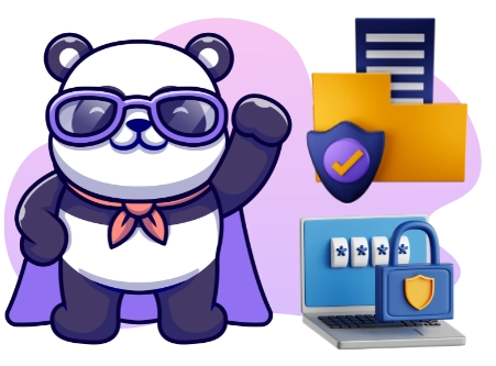 Ein Cartoon-Panda, der selbstbewusst mit einer Sonnenbrille und einem Umhang winkt. Im Hintergrund sind Symbole wie ein sicherer Ordner, ein gesperrter Laptop und ein Schild mit einem Häkchen zu sehen, die Datensicherheit und Schutz symbolisieren.
