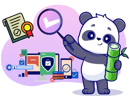 Ein Cartoon-Panda hält eine Lupe mit Häkchen, umgeben von Symbolen für Online-Sicherheit, Datenanalyse und Kundenbewertungen, während er neben einem Bambus-Spross steht.