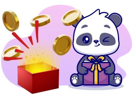 Ein Panda mit Brille am Laptop, umgeben von Spieleaccessoires zeigt den Fokus auf Online-Casino-Spiele.
