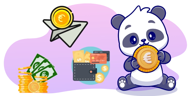 Eine Comic-Panda-Figur hält eine Euro-Münze und sitzt neben einer Geldbörse mit Kreditkarten, einem Stapel Euroscheine und einem Papierflieger als Symbol für verschiedene Zahlungsoptionen und finanzielle Transaktionen.