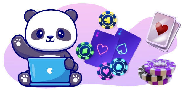 Ein niedlicher Cartoon-Panda sitzt an einem Laptop, umgeben von Spielkarten und Casino-Chips.