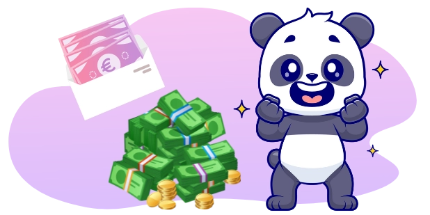 Ein Cartoon eines freudigen Panda, der seine Arme proklamiert und mit einem Stapel Geld und einem Umschlag voller Euro-Noten posiert.