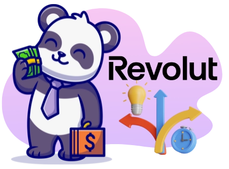 <p>Ein Cartoon-Panda mit Geldschein hält Ausschau nach finanziellen Möglichkeiten neben dem Revolut-Logo.</p>