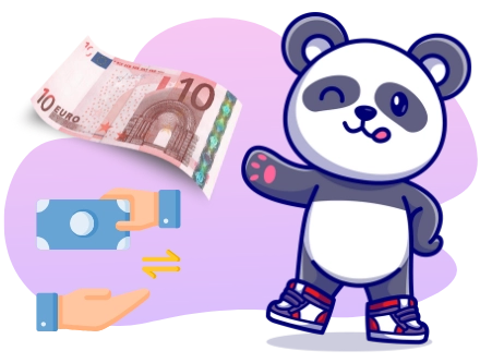 Ein Panda-Cartoon mit einer lila Schleife sitzt unter herunterfallenden Casino-Münzen und einer Stapel aus Goldmünzen.