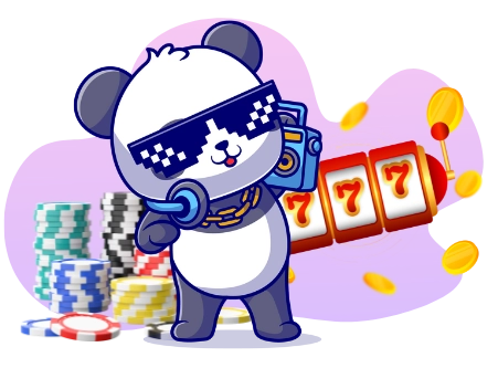 Ein cooler Panda-Cartoon mit Sonnenbrille und Boombox steht neben einem Spielautomaten mit Triple Sieben, umgeben von Casino-Chips und Münzen.