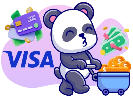Ein Cartoon-Panda, der einen Kussbläst und einen mit Münzen vollgepackten Wagen schiebt, dekoriert mit Visa-Logo und schwebendem Geld.