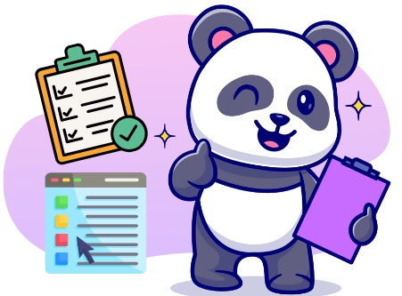 Ein Panda hält ein Klemmbrett mit einer Checkliste, während auf dem Computerbildschirm eine weitere Checkliste sichtbar ist.