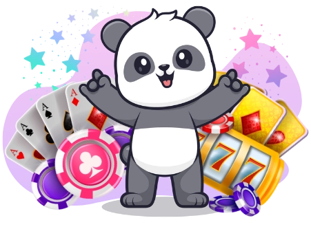 Eine feiernde Panda-Cartoonfigur hebt die Arme voller Freude und ist umgeben von Spielkarten, Casino-Chips und einem Spielautomaten mit der Gewinnzahl drei mal sieben.