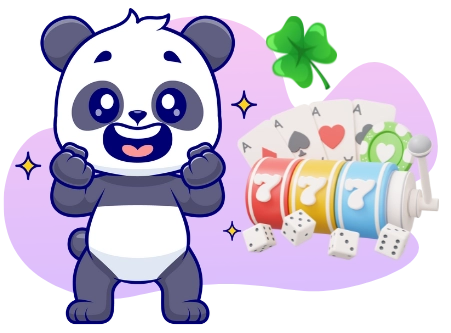 Ein freudiger Panda-Cartoon-Charakter feiert mit erhobenen Armen neben einem Spielautomaten mit drei Siebenern, Spielkarten, Würfeln und einem vierblättrigen Kleeblatt.