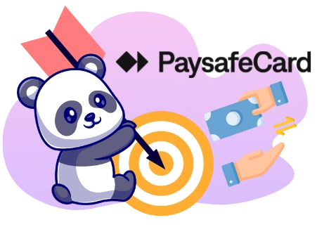 Ein Cartoon-Panda zielt mit einem Pfeil auf eine Zielscheibe mit dem PaysafeCard-Logo im Hintergrund, inklusive einer Darstellung eines Bargeldtransfers.