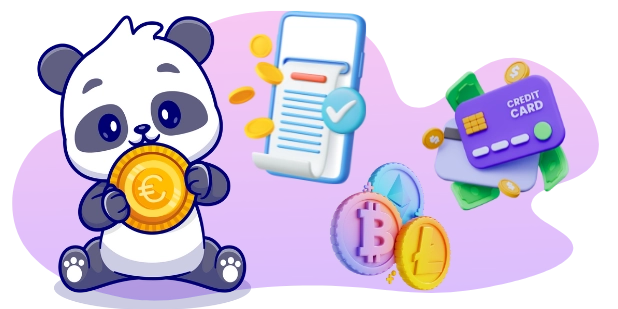 Ein Cartoon-Panda mit einer Euromünze sitzt neben einem Smartphone voller Kreditkartendaten, umgeben von Kryptowährungen, und illustriert Zahlungsoptionen und Transaktionsvorgänge.