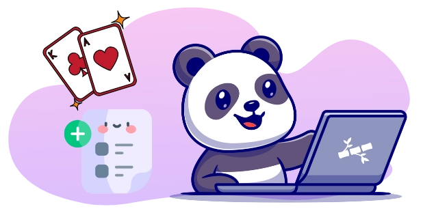 Ein fröhlicher Panda im Cartoon-Stil an einem Laptop mit Karten und einer Checkliste mit einem Pluszeichen im Hintergrund.