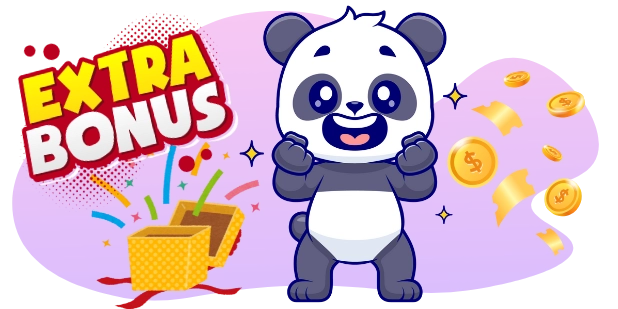 Ein Cartoon-Panda relaxt mit einer herzförmigen Sprechblase, umgeben von einer Krone, einem Casino-Jetton und dem Schriftzug '777 JACKPOT' sowie fünf Sternen.
