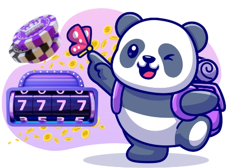 Ein süßer Panda mit einem Rucksack zeigt auf einen Schmetterling, während Münzen umherfliegen, neben einem Spielautomaten mit der Anzeige 777, was auf Online-Casino-Gewinne hinweist.