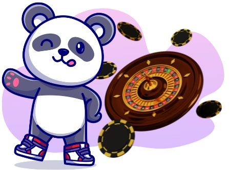 <p>Ein Cartoon-Panda zeigt auf ein Roulette-Rad, lächelnd und mit Sneakers ausgestattet.</p>