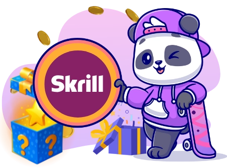 Ein cooler Panda-Cartoon mit einem Skateboard deutet auf das Skrill-Logo und steht in der Nähe einer Geschenkbox mit einem Fragezeichen sowie anderen Präsenten.