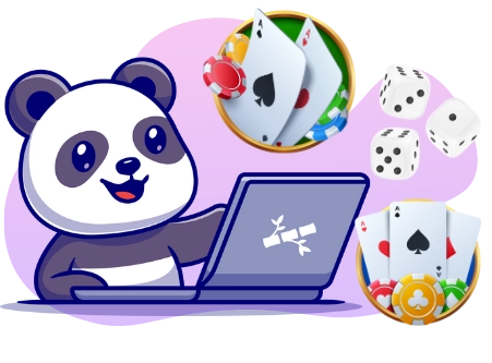 Ein Cartoon-Panda, der lächelnd auf einem Laptop tippt, umgeben von Spielkarten und Würfeln, die an das Online-Glücksspiel erinnern.
