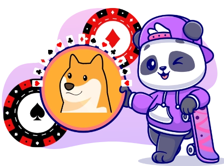 Ein Panda hält eine Dogecoin-Münze, umgeben von Spielkarten, auf einem Skateboard stehend.