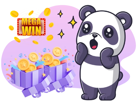 Ein überraschter Panda schaut auf eine Geschenkbox, aus der Münzen hervorquellen, während die Worte „MEGA WIN“ darüber zu lesen sind.