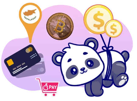 Ein Cartoon-Panda, der mit Luftballons in Dollarzeichenform schwebt, umgeben von einer Kreditkarte, einem Bitcoin-Symbol und dem Apple-Pay-Logo, was auf vielfältige Zahlungsmöglichkeiten schließen lässt.