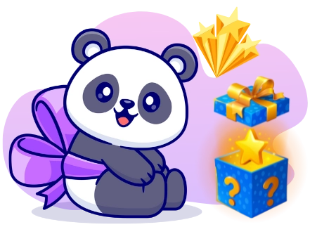 Ein fröhlicher Cartoon-Panda sitzt mit einem Bogen neben einer Geschenkbox mit Fragezeichen, aus der Sterne sprudeln.