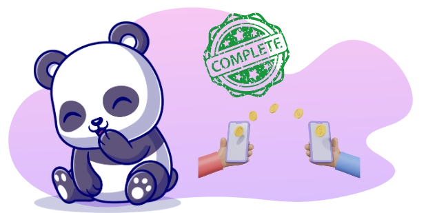 Ein lächelnder Panda im Cartoon-Stil sitzt, während Münzen von einem Handy zum anderen übertragen werden, mit einem ‚ABGESCHLOSSEN‘-Stempel darüber.