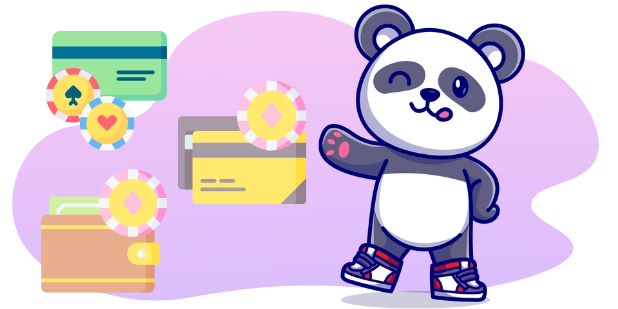 Ein glücklicher Cartoon-Panda liegt neben einem großen Häkchen-Symbol und einer sicheren Webadresse mit der Anzeige