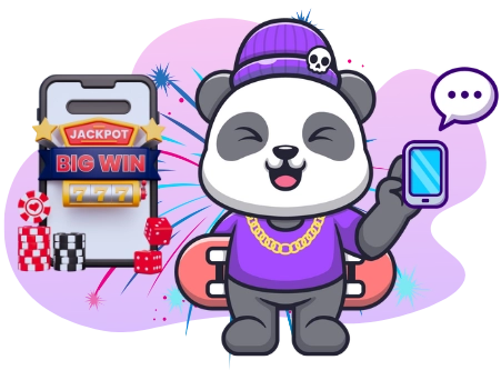 Ein cooler Panda auf einem Skateboard trägt eine goldene Kette und hält ein Handy, während er mit einem anderen Handy einen ‘JACKPOT BIG WIN’ feiert, mit einem Feuerwerk im Hintergrund.