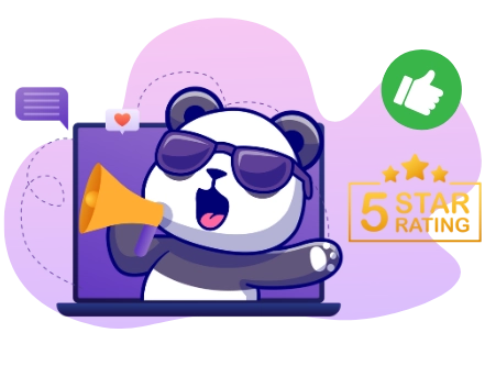 Ein Panda mit Sonnenbrille hält ein Megafon und zeigt einen Daumen hoch, mit Herz- und 5-Sterne-Rating-Abzeichen im Hintergrund.