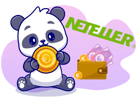 Ein süßer Panda-Cartoon beißt in eine große Euromünze, daneben eine Geldbörse voller Banknoten und das Neteller-Logo im Hintergrund.