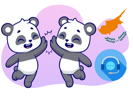 Zwei Cartoon-Pandas geben sich ein High-Five, verbunden mit der Flagge von Zypern und einem Kundendienst-Symbol, was auf einen freundlichen und zugänglichen Service für Spieler aus Zypern hinweist.